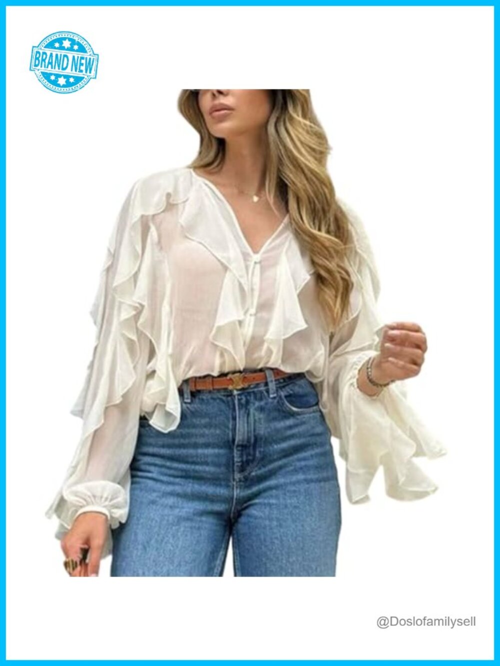 Sheer Chiffon Ruffle V-Neck Puff Sleeve Blouse Top